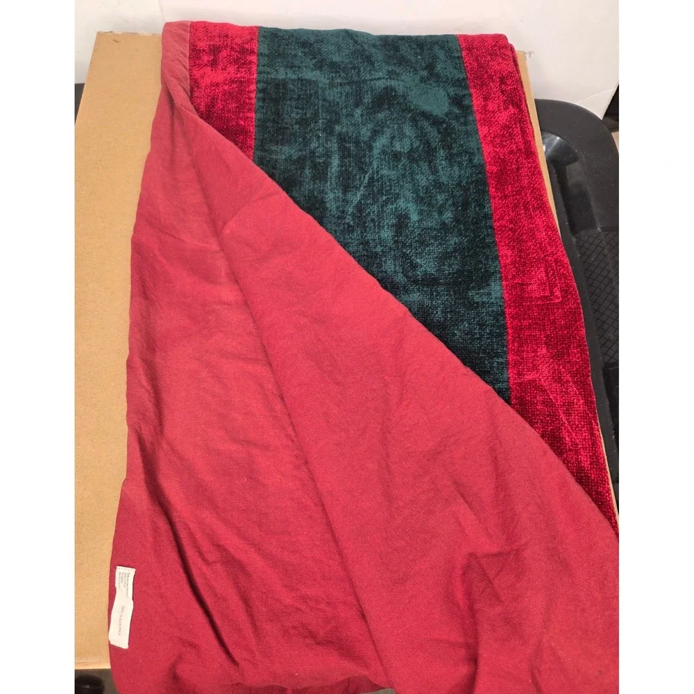 Vintage Christmas Chenille Table Runner Red Green Embroidered Moose Tassel